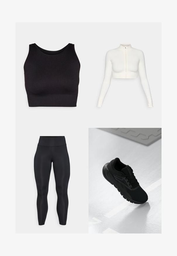 Bílý zkrácený zipový top s dlouhým rukávem a vysokým límcem, přiléhavý design, hladká textura a cuffy s otvory na palce.; Černý žebrovaný crop top s vysokým výstřihem a širokými průramky, který nabízí měkkou a elastickou tkaninu pro pohodlí a bezešvý design.; Černé legíny s vysokým pasem a plnou délkou, vyrobené z hladké tkaniny se zřetelnými švy na přední straně a pase.; Černá sportovní obuv s prodyšným svrškem, kulatou špičkou, polstrovanou podrážkou a strukturovanými detaily, umístěná na hladkém bílém povrchu.