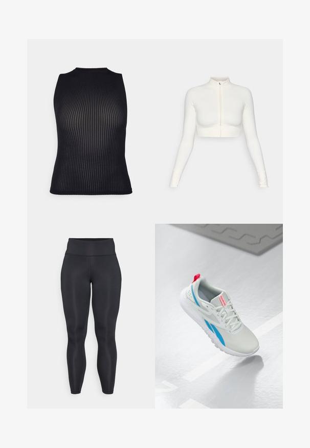 Valkoinen lyhyeksi leikattu vetoketjullinen pitkähiha, jossa on korkea kaulus, slim fit -muotoilu, sileä rakenne ja peukalon aukot hihansuissa.; Musta ribattujoustofi sleeveless-toppi korkealla kauluksella ja tekstitetyllä yksityiskohdalla, jossa on tiukka muotoilu, joka muovaa kehoa.; Mustat leggingsit, joissa on korkea vyötärö, tehty sileästä, joustavasta materiaalista. Ominaisuuksiin kuuluvat litteät saumat ja tiukka, kapeneva muoto.; Valkoinen ja sininen Reebok-nilkkuri, jossa on punainen lenkki, leijuu kiiltävän lattian yllä, vieressä harmaa kumimatto.