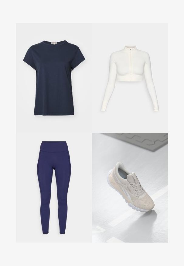Bela kratica zip-up dolgi rokav zgornji del s visokim ovratnikom, prilegajoča zasnova, gladka tekstura in rokavi s odprtinami za palce.; Yogasearcher NAMASTE - Potiskana majica - navy; Mornarsko visoko pasu legice iz raztegljive tkanine. Opremljene so z ravnimi šivi in tesnim prileganjem, z dvema stranskima žepoma za shranjevanje.; Svetlo bež športni čevelj s perforiranim zgornjim delom, teksturiranimi detajli, oblazinjenim ovratnikom in belim gumijastim podplatom, zasnovan za udobje in zračnost.