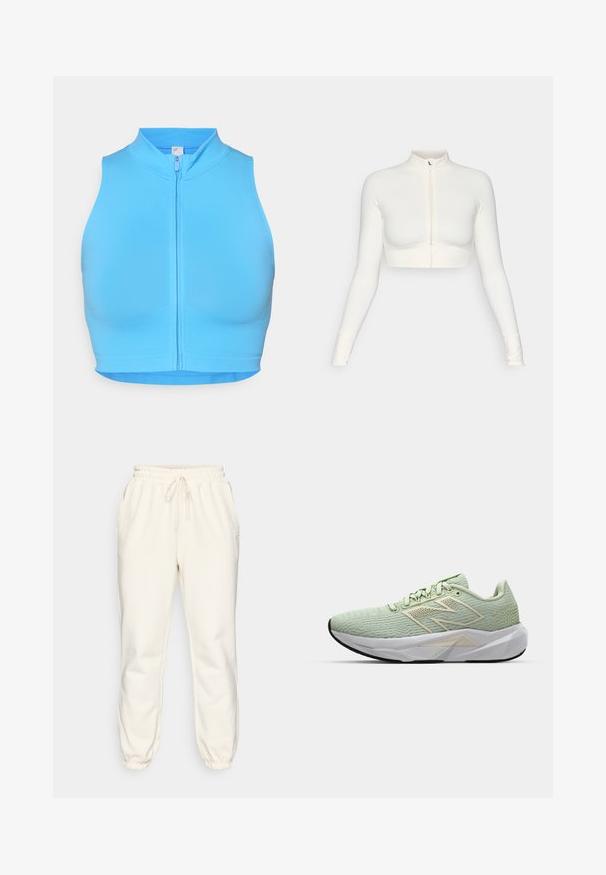 Valkoinen lyhyeksi leikattu vetoketjullinen pitkähiha, jossa on korkea kaulus, slim fit -muotoilu, sileä rakenne ja peukalon aukot hihansuissa.; Kirkkaan sininen lyhyturkkinen urheilupaita, jossa on korkeakauluksinen malli ja etuvetoketju. Valmistettu joustavasta kankaasta, jossa on sileä pinta ja ei kuoseja.; Harmaita liikuntapukuja pehmeästä kankaasta, jossa on joustava vyötäröstringi, sivutaskut ja kapenevat hihansuut nilkoissa.; Vihreä vaalea juoksukenkä, jossa on teksturoitu päällinen, valkoinen välikerros ja musta pohja. Sisältää koristeellisia yksityiskohtia ja hengittävän verkkomaisen suunnittelun.