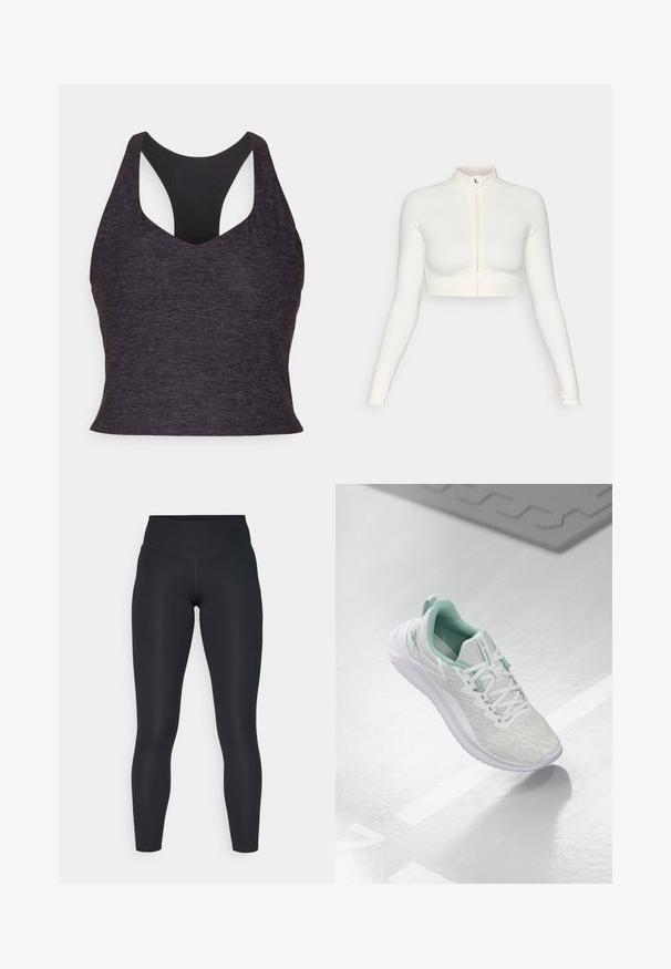 Balta, īsā piegriezuma, ar rāvējslēdzēju, garām piedurknēm, augsta apkakle, cieši pieguloša dizaina, gluda tekstūra un ar caurumiem uz pirkstiem.; Tumši pelēks sporta krūšturis ar gludu tekstūru, plašs racers mugurā un dziļa V-veida izgriezuma nodrošina uzlabotu atbalstu.; Melni legingi, kas izgatavoti no elastīga auduma, ar augstu jostas vietu, gludu virsmu un ķermeni pieguļošu piegriezumu. Nav redzamu rakstu vai detaļu.; Gaišpelēka sporta apava ar teksturētu trikotāžas augšu, mentolzaļiem akcentiem, baltām šņorēm, gumijas zoli un cilpu uz papēža.