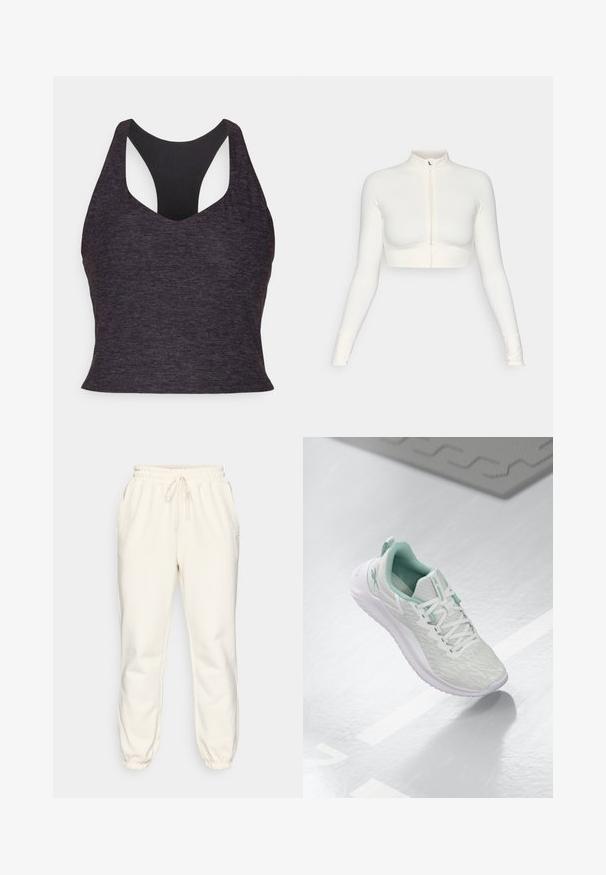 Biely skrátený zipsový top s dlhými rukávmi a vysokým golierom, priliehajúci strih, hladký povrch a manžety s otvorom na palec.; Športová podprsenka v tmavosivej farbe s hladkým povrchom, ktorá má široký racerback strih a hlboký výstrih do V pre lepšiu oporu.; Krémové tepláky vyrobené z mäkkého materiálu, s elastickým pásom na šnurovanie, bočnými vreckami a zúženými manžetami na členkoch.; Svetlošedé športové topánky s štruktúrovaným pleteným zvrškom, mätozelenými akcentmi, bielymi šnúrkami, gumovou podrážkou a pútkom na päte.