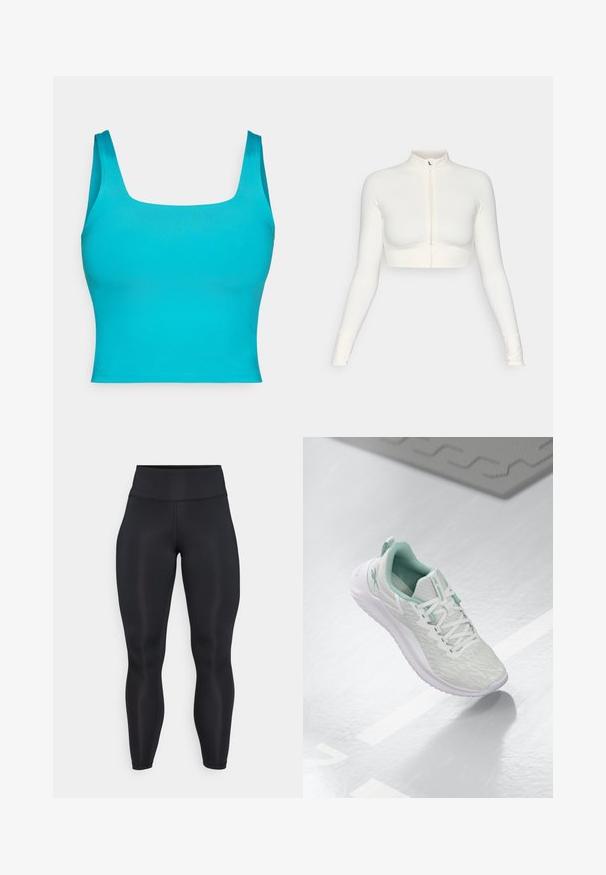 Bílý zkrácený zipový top s dlouhým rukávem a vysokým límcem, přiléhavý design, hladká textura a cuffy s otvory na palce.; Tyhově modrý crop top s širokým čtvercovým výstřihem, hladkou texturou a bez viditelných vzorů či kovových doplňků. Krátké, široké ramínka.; Černé legíny s vysokým pasem a plnou délkou, vyrobené z hladké tkaniny se zřetelnými švy na přední straně a pase.; Světle šedá sportovní obuv s texturovaným pleteným svrškem, mátově zelenými akcenty, bílými tkaničkami, gumovou podrážkou a poutkem na patě.