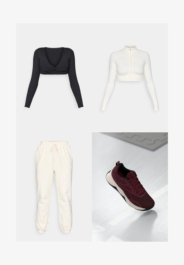 Biely skrátený zipsový top s dlhými rukávmi a vysokým golierom, priliehajúci strih, hladký povrch a manžety s otvorom na palec.; Čierny dlhý rukáv crop top s hlbokým V-výstrihom a skrúteným predným dizajnom, vyrobený z hladkého, elastického materiálu.; Krémové tepláky vyrobené z mäkkého materiálu, s elastickým pásom na šnurovanie, bočnými vreckami a zúženými manžetami na členkoch.; Bordová športová obuv s textilným vrchom, čiernymi akcentmi a polstrovanou bielou podrážkou. Obsahuje šnúrku na zaviazanie a pútko na päte.