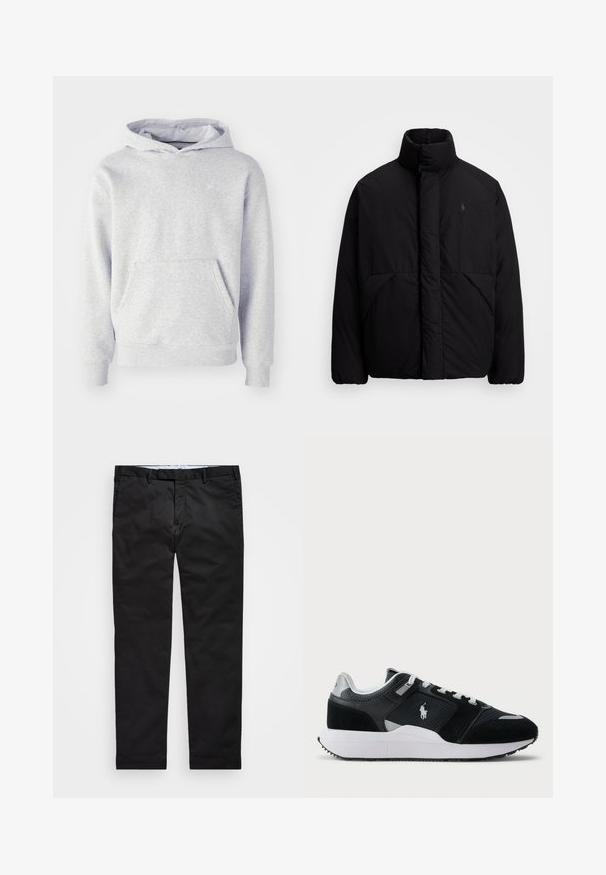 Czarna puchowa kurtka z wysokim kołnierzem, o minimalistycznym designie, z dwiema przednimi kieszeniami i małym logo na klatce piersiowej. Gładka tekstura.; Szara bluza z kapturem, wykonana z miękkiego materiału. Posiada kieszeń kangurzą, ściągacze na rękawach i subtelne logo na piersi. Prosty design.; Czarne chinosy o prostym kroju, wykonane z mieszanki bawełny, z zapięciem na zamek, szlufkami na pasek i kieszeniami bocznymi. Gładka tekstura.; Czarno-białe niskie trampki z siateczkowym i zamszowym wierzchem, białymi sznurówkami, białą podeszwą oraz logo zawodnika polo z boku.