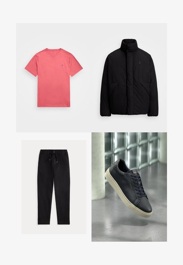 Casaco puffer preto com colarinho alto, apresentando um design minimalista, dois bolsos frontais e um pequeno logótipo no peito. Textura suave.; Polo Ralph Lauren Big & Tall JERSEY V-NECK T-SHIRT - T-shirt básica - adirondack berry; Calças pretas de corte descontraído com cintura elástica, cordão e bolsos frontais. Feitas de um tecido suave e leve.; Sapatilha de couro azul-marinho com bico arredondado, atacadores planos e sola texturizada; possui logotipo na lingueta, contrastando com uma sola de cor bege.