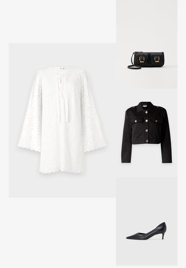 Fekete, rövidített dzseki strapabíró anyagból, aranyszínű gombokkal, két mellzsebbel és vállpántokkal, amelyek extra részleteket adnak.; Fehér csipke tunika kerek nyakkivágással, hosszú, bóbitás ujjakkal és elöl megkötős díszítéssel. A hullámos szegély textúrát és vizuális érdeklődést ad.; Fekete bőr magassarkú cipő hegyes orral és alacsony sarokkal. Sima felülettel és enyhe fényű kialakítással rendelkezik. Az elején nyitott részlet a fokozott díszítésért.; Fekete bőr keresztbody táska két elülső zsebbel, arany csattokkal, cipzáras záródással és vékony pánttal. Textúrált felület és kompakt téglalap alak.