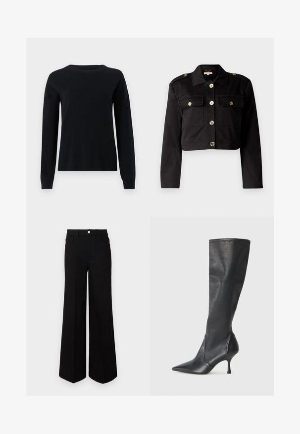 Veste cropped noire en tissu résistant avec des boutons dorés, deux poches sur la poitrine et des épaulettes pour un détail supplémentaire.; Pull noir en maille avec des manches longues, un col rond et des poignets côtelés, présentant une texture lisse et un design simple et minimal.; Jean large noir fabriqué dans un tissu robuste, avec une taille haute, des poches avant et une fermeture à bouton à l'avant. Ourlet plat en bas.; Bottes en cuir noir arrivant jusqu'aux genoux avec un bout pointu et un talon aiguille fin. Texture lisse avec un design ajusté et des coutures au bord supérieur.
