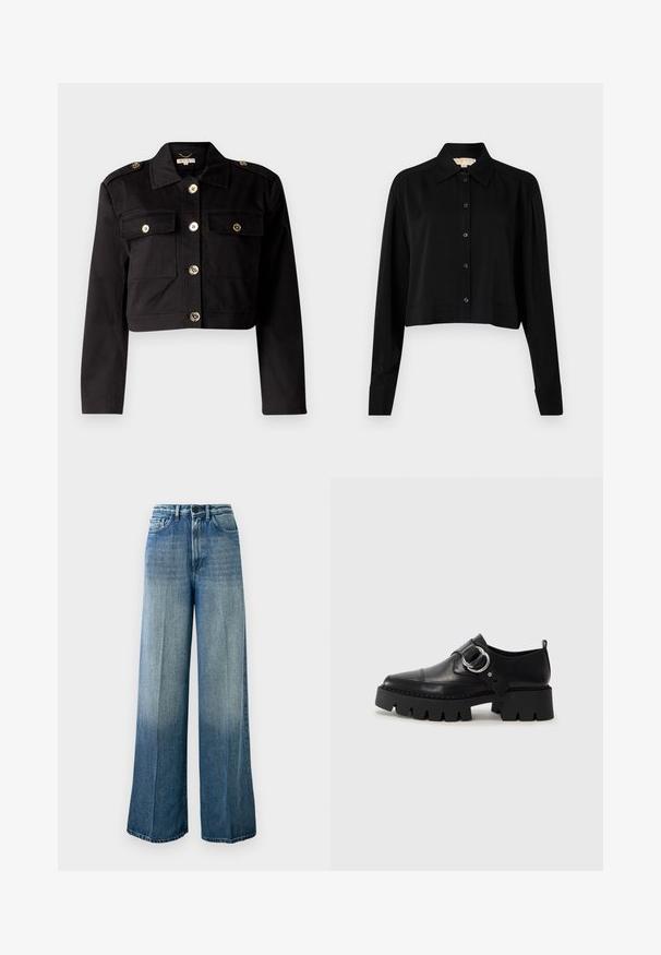 Juodas trumpas švarkas iš patvarios medžiagos, su auksinės spalvos mygtukais, dviem krūtinės kišenėmis ir pečių epauletais, suteikiančiais papildomą detalę.; Juodas trumpas marškinėliai su ilgomis rankovėmis, smailiu apykakle ir mygtukų priekyje. Pagamintas iš lygaus audinio su laisvu siluetu ir apverčiamos rankovėmis.; Šviesiai mėlynos, plačios džinsinės kelnės. Yra aukštu liemeniu, tradicine penkių kišenių konstrukcija ir išblukusia gradientine spalva nuo tamsios iki šviesios.; Juodos odinės bateliai su masyviu, grioveliuotu padu, su apvaliu sidabro detalės akcentu ir minimaliais siuvimo elementais.