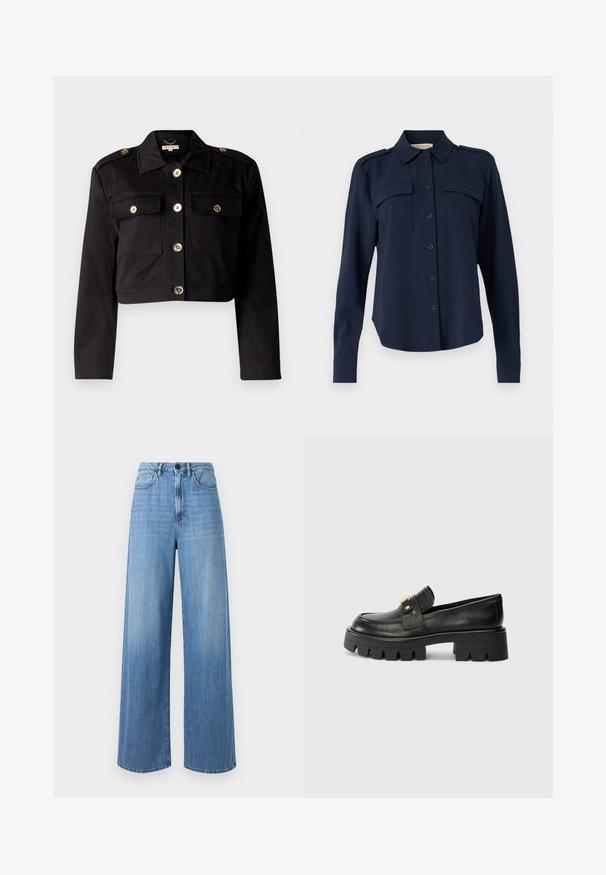 Črna skrajšana jakna iz trdnega blaga, ki ima zlate gumbe, dva žepa na prsih in epaulete na ramenih za dodaten detajl.; Mornarno modra srajca s gumbi, izdelana iz mehkega materiala. Ima dve žepoma na prsih, ramenske epaulety in dolge rokave z gumbastimi manšeti.; Svetlo modri široki traper hlače, narejene iz denima, z visokim pasom, zanko za pas, sprednjimi žepe in kontrastnimi šivi.; Črne usnjene loaferje z debelim podplatom, ki imajo zlatoten naglas na sprednji strani in gladko površino. Debela oblika profila na podplatu.