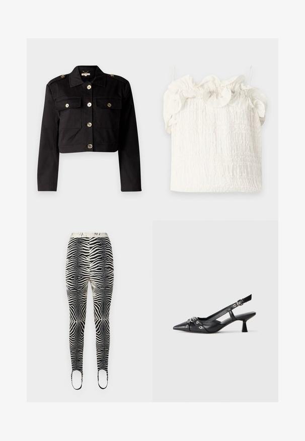 Black cropped jacket in sturdy fabric featuring gold-tone buttons, two chest pockets, and shoulder epaulets for added detail.; Hofmann Copenhagen EXCLUSIVE GENEVIVE - Top - off white; Zebra-print leggings featuring a black and beige color scheme, stretchy material, high waistband, and foot openings with straps.; Black leather slingback shoe with a pointed toe, decorative straps featuring metal eyelets, and a low block heel. Textured surface.