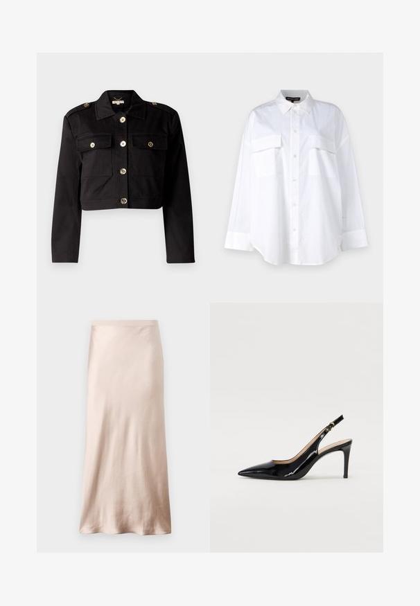 Veste cropped noire en tissu résistant avec des boutons dorés, deux poches sur la poitrine et des épaulettes pour un détail supplémentaire.; Chemise blanche à boutons en coton, présentant un col classique, deux poches poitrine et des manches longues avec poignets. Texture lisse.; Jupe midi en satin beige clair, avec une taille ajustée, une texture lisse et un ourlet évasé, sans ornementation ni poches visibles.; Pompe slingback en cuir verni noir avec un bout pointu, un talon fin et un design de découpes subtil. Elle dispose d'une boucle dorée sur la sangle.