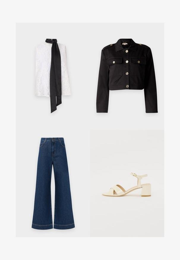 Veste cropped noire en tissu résistant avec des boutons dorés, deux poches sur la poitrine et des épaulettes pour un détail supplémentaire.; Haut en dentelle blanche avec un col montant et un ruban en satin noir noué au niveau du col. Motif de dentelle complexe et texture lisse.; Jeans en denim bleu à taille haute et jambes larges, avec une fermeture à bouton, des passants de ceinture et des détails de couture subtils le long des poches et des ourlets.; Sandales à talons en cuir verni beige avec un design à brides croisées, bout ouvert, bride de cheville réglable et un talon carré. Texture lisse.