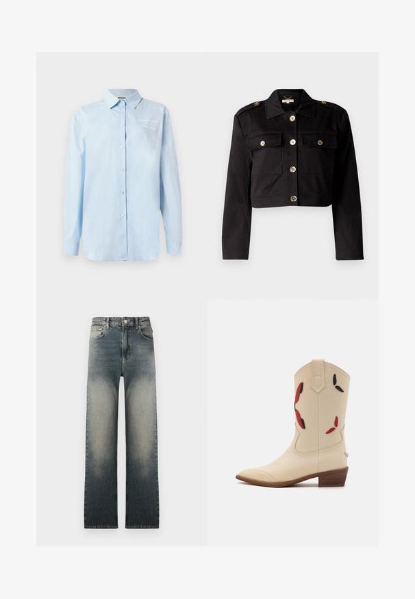 Must tükeldatud jack, mis on valmistatud tugevast kangast ja millel on kuldtooni nupud, kaks rinna taskut ja õlavarre epauletid, et lisada detaili.; Heledsinine puuvillane särk, millel on klassikaline krae, pikad varrukad ja broderie detail vasakul ülal.; Kõrge vöökohaga sirged teksad, millel on pleekinud heleda ja tumeda denimi pesu ning klassikaline viie-tasku disain.; Beež nahast cowboy saapad terava toe, madala kuhjatud kontsaga ja dekoratiivse punase ja musta lilleaplikatsiooniga säärel.