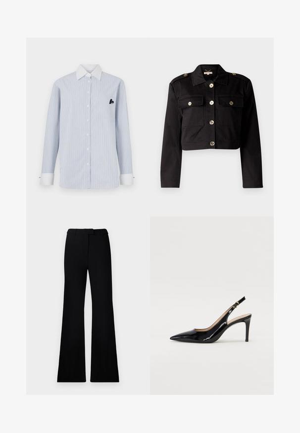 Must tükeldatud jack, mis on valmistatud tugevast kangast ja millel on kuldtooni nupud, kaks rinna taskut ja õlavarre epauletid, et lisada detaili.; Heleda sinise ja valgete triipudega pikkade varrukatega särk. Omab valget kraed, esimesi nuppe ning taskut musta logo detailiga.; Mustad flared püksid, millel on sile tekstuur, kohandatud vöökoht ja ees olevad taskud, kujundatud laisa, modernse siluetiga.; Must hõbedavärvi patendiga slingback kontsakingad terava varbaga, kitsas konts ja peene lõikega disain. Statistika on kuldne pandla rihmal.