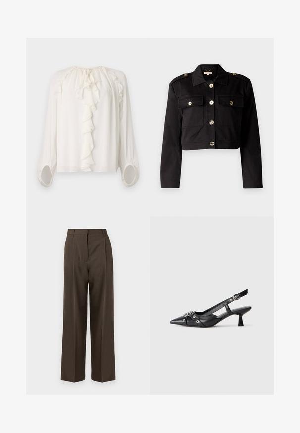 Melnā kroptā jaka izturīgā audumā ar zelta tonī šūnītēm, divām krūšu kabatām un plecu epauletēm papildu detaļām.; Balta, garām piedurknēm blūze ar piegriezumu ar viļņiem apkaklē un aprocēs. Mīksta, viegla auduma ar savilkumiem plecos un piedurkņu galos.; Brūnas platā kāju bikses ar gludu tekstūru, ar augstu jostasvietu, priekšējām krokām un pielāgotu dizainu. Nav redzamu kabatu vai rotājumu.; Melnas ādas šlipsveida kurpes ar norādītu purngalu, dekoratīvām joslām ar metāla acīm un zemu bloku papēdi. Teksturēta virsma.