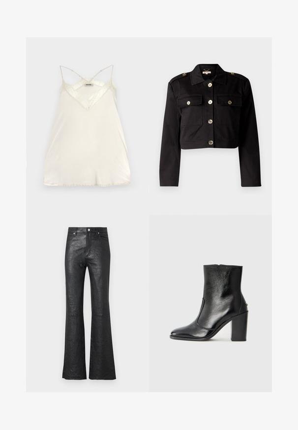 Czarna krótka kurtka z mocnego materiału, z złotymi guzikami, dwiema kieszeniami na piersiach i epoletami na ramionach dla dodatkowego efektu.; Jasna kremowa kamizelka na ramiączkach z regulowanymi spaghetti, dekoltem w kształcie litery V oraz koronkowymi akcentami na dekolcie i u dołu dla dodatkowego wykończenia.; Czarne skórzane spodnie dzwonowe z marszczoną teksturą, wysoki stan, przednie kieszenie oraz klasyczne zapięcie na guzik z zamkiem błyskawicznym.; Czarne skórzane botki za kostkę o gładkiej fakturze, spiczastym nosku i grubym wysokim obcasie. Posiadają boczne wycięcie i minimalistyczny design.