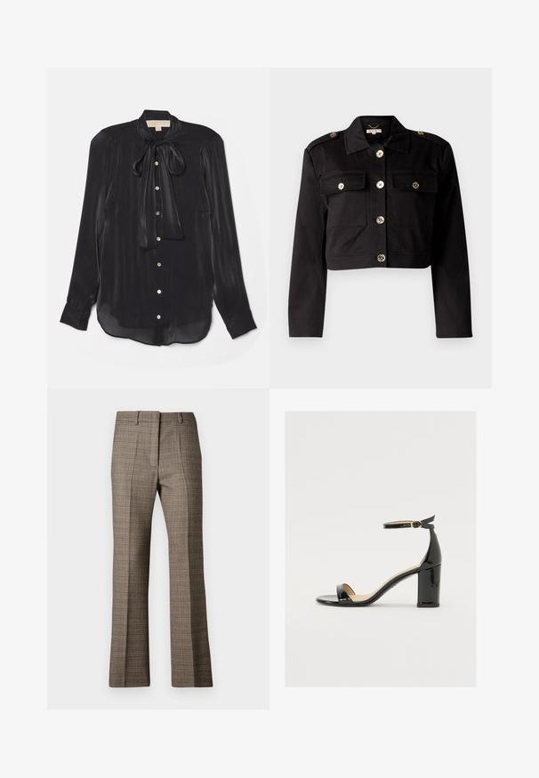 Black cropped jacket in sturdy fabric featuring gold-tone buttons, two chest pockets, and shoulder epaulets for added detail.; Black long-sleeve blouse made of silky fabric with a tied neckline, gold buttons, and a slightly curved hem. Smooth texture with subtle shine.; Brown plaid trousers with a straight leg cut, featuring a textured fabric and subtle colors of beige and darker browns throughout the pattern.; Black patent leather sandal with a wide heel, open toe, and ankle strap featuring a gold buckle. Smooth texture and sleek design.