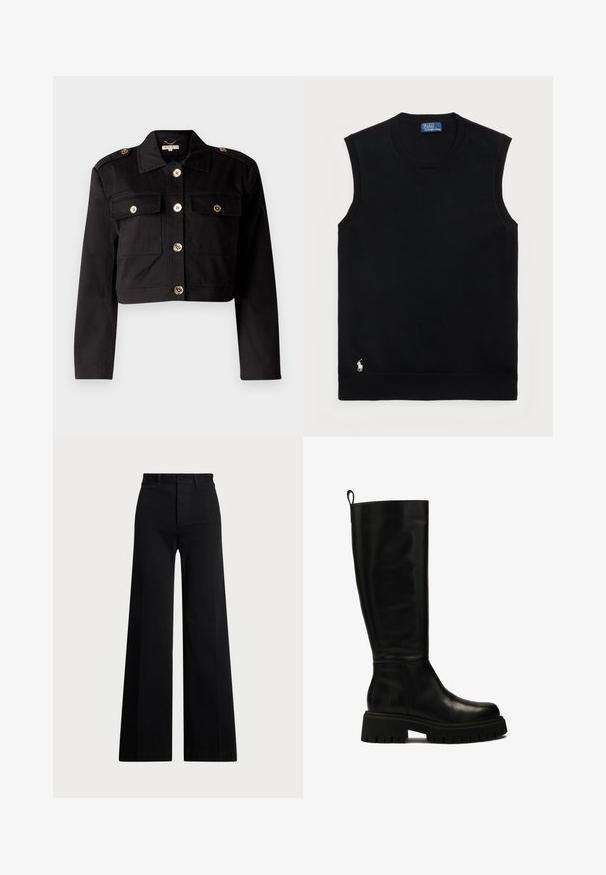 Jachetă croită neagră dintr-un material solid, cu nasturi aurii, două buzunare la piept și epauleți pentru un plus de detaliu.; Pulover din bumbac negru, fără mâneci, cu guler rotund. Prezintă un mic logo alb în colțul din stânga jos și margini ribbate.; Pantaloni negri cu picioare largi, confecționați dintr-o țesătură, având talie înaltă, închidere cu buton în față și buzunare laterale. Textură netedă cu linii curate.; Bocanci negri din piele, până la genunchi, cu un design elegant, vârf rotund și talpă din cauciuc masiv, cu șanțuri adânci și un tab de prindere în partea superioară.