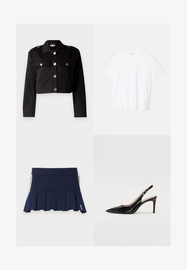 Crna skraćena jakna izrađena od čvrstog materijala sa zlatnim gumbima, dva džepa na prsima i epauletama na ramenima za dodatnu dodatnu detalj.; Bijela pamučna majica s kratkim rukavima, okruglim izrezom, opuštenim krojem i šivenim rubom. Etiketa je vidljiva na unutarnjoj strani vrata.; Tamnoplava plisirana suknja od rastezljivog materijala, s pripijenim strukom i bočnim detaljem sa zatvaračem. Šavovi su vidljivi duž spojeva.; Crne lakirane slingback cipele s oštrim vrhom, uskim potpeticama i suptilnim izrezom. Sadrže zlatnu kopču na traku.