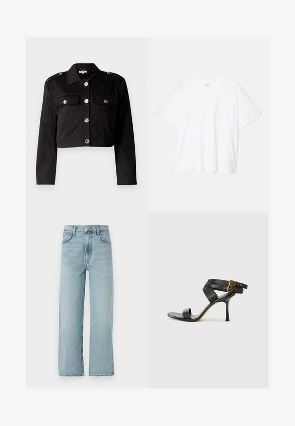 Svart croppet jakke i solidt stoff med gullfargede knapper, to brystlommer og skulderklaffer for ekstra detalj.; Hvit bomulls t-skjorte med korte ermer, rund hals, avslappet passform og sydd kant. Merke synlig på innsiden av halsen.; Lys blå rett-lengde jeans laget av denim, med høy midje, frontknapp-lukk og subtil fading på stoffet.; Svarte hælsandaler med kryssende stropper og justerbar spenne. Har en jevn tekstur og avsmalnende stilettoklakk.