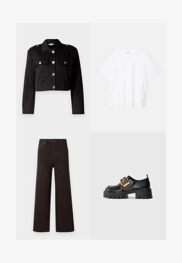 Black cropped jacket in sturdy fabric featuring gold-tone buttons, two chest pockets, and shoulder epaulets for added detail.; White cotton t-shirt with short sleeves, round neckline, relaxed fit, and stitched hem. Label visible on the inside neck.; Black wide-leg jeans with a high waist, made from denim. Features five pockets and metal button hardware, smooth texture and classic design.; Black leather shoe with a chunky sole, featuring a gold buckle strap and a textured brown accent. Rounded toe and minimalistic design.
