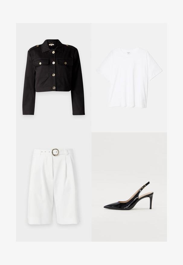 Mustassa cropped-takissa on kestävä kangas ja siinä on kultaiset napit, kaksi rintataskua ja olkatoppaukset lisäyksinä.; Valkoinen puuvillapaita lyhyillä hihoilla, pyöreällä pääntiellä, rentoa tyyliä ja ommeltu helma. Tunniste näkyvissä sisäkauluksessa.; Valkoiset räätälöidyt shortsit, joissa on leveä istuvuus, köysikuvioinen metallisolki, poimutukset ja siisti muotoilu. Sileä pinta.; Musta lakattu nahkainen slingback-korkokenkä, jossa on terävä kärki, kapea korko ja hillitty leikkaussuunnittelu. Varressa on kultainen solki.
