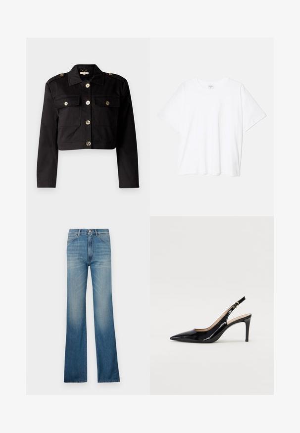 Černá zkrácená bunda z pevného materiálu, vybavená zlatými knoflíky, dvěma náprsními kapsami a ramenními výložkami pro zvýšení detailu.; Bílý bavlněný tričko s krátkým rukávem, kulatým výstřihem, volným střihem a šitým lemem. Nálepka viditelná na vnitřní straně výstřihu.; Modré denimové zvonové džíny s bledým odstínem, s tradičním pětisekčním stylem a zapínáním na knoflíky. Rovný střih nohavic.; Černé lakované slingback lodičky s špičatou špičkou, úzkým podpatkem a jemným výřezem. Obsahují zlatou sponu na řemínku.