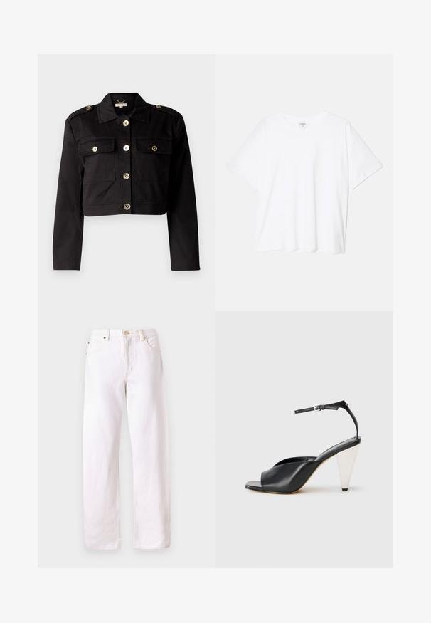 Veste cropped noire en tissu résistant avec des boutons dorés, deux poches sur la poitrine et des épaulettes pour un détail supplémentaire.; T-shirt en coton blanc avec des manches courtes, un col rond, une coupe décontractée et un ourlet cousu. Étiquette visible à l'intérieur du col.; Jeans en denim blanc avec une coupe décontractée, jambes droites, design à cinq poches et fermeture à bouton. Présente des coutures visibles et un matériel minimal.; Sandale à talon haut en cuir noir avec bout ouvert, design asymétrique, bride de cheville et talon en forme de cône métallique. Texture lisse sur toute la surface.