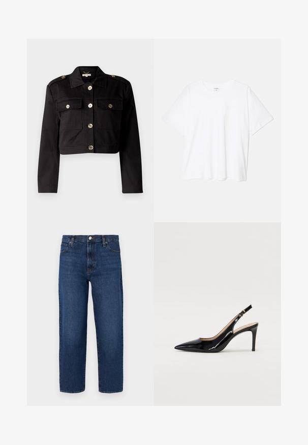 Zwarte cropped jas van stevige stof met gouden knopen, twee borstzakken en schouderepauletten voor extra detail.; Witte katoenen t-shirt met korte mouwen, ronde halslijn, comfortabele pasvorm en gestikte zoom. Etiket zichtbaar aan de binnenzijde van de hals.; Donkerblauwe denim jeans met een relaxte pasvorm, rechte pijpen, een vijfzakkenontwerp, een sluiting met een knoop aan de voorkant en subtiele stikdetails.; Zwarte gepatineerde leren slingback pump met een puntige neus, slanke hak en een subtiel uitgesneden ontwerp. Bevat een gouden gesp op de band.