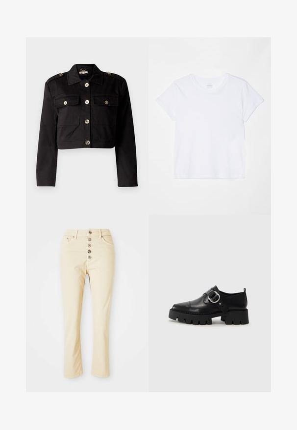 Jachetă croită neagră dintr-un material solid, cu nasturi aurii, două buzunare la piept și epauleți pentru un plus de detaliu.; FRAME BABY TEE - Tricou basic - white; Jeans bej din bumbac, cu închidere frontală cu butoane, având cinci butoane metalice și picioare drepte. Textură netedă și design clasic.; Pantofi din piele neagră cu o talpă groasă, nervurată, având un accent circular din metalargintiu și un detaliu minim de cusătură.