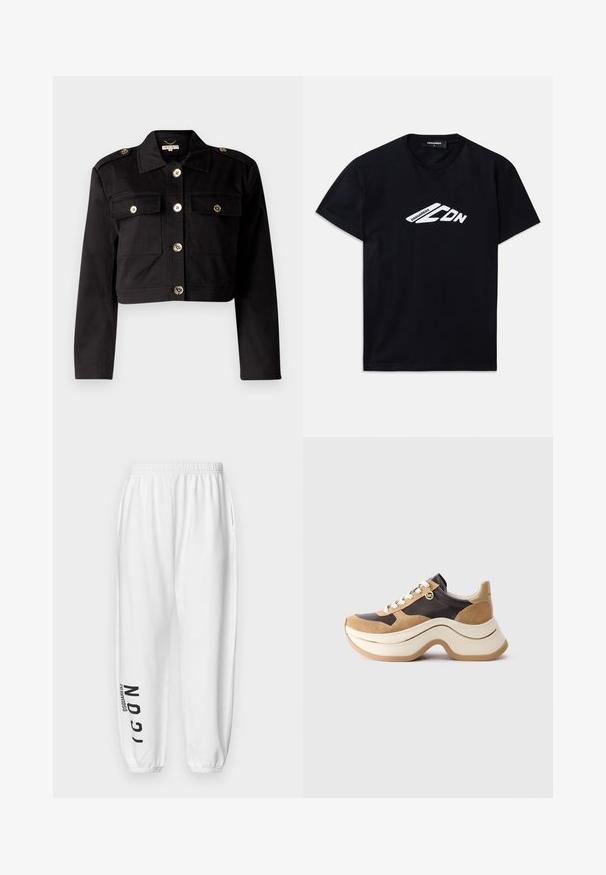 Svart croppet jakke i solidt stoff med gullfargede knapper, to brystlommer og skulderklaffer for ekstra detalj.; Svart bomull t-skjorte med korte ermer og rund hals. Har et hvitt grafisk logo "DSQUARED2 CDN" på forsiden.; DSQUARED2 ICON ICON - Joggebukse - white; Chunky sole sneaker i beige og mørk brun med suedesatser, hvite snøringer og en liten gull MK-charmside.