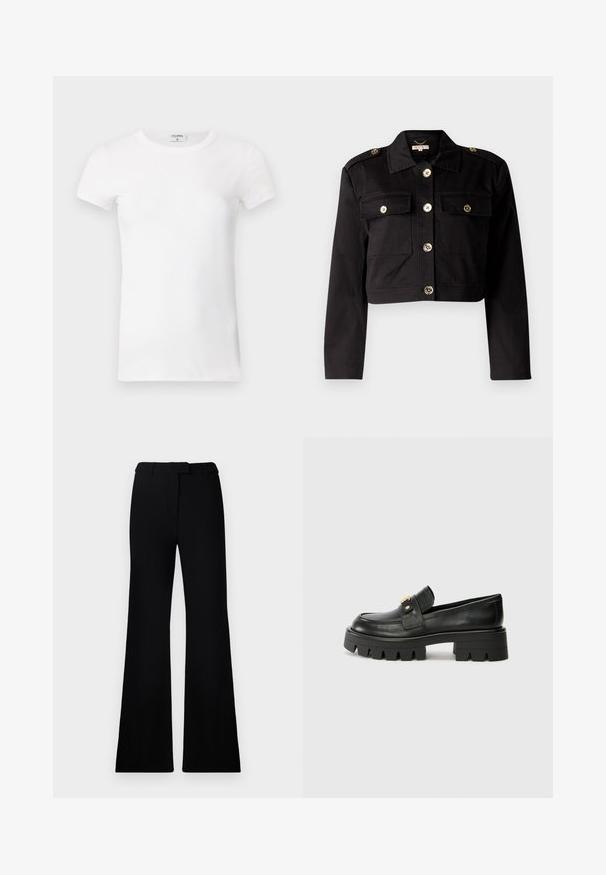 Crna skraćena jakna izrađena od čvrstog materijala sa zlatnim gumbima, dva džepa na prsima i epauletama na ramenima za dodatnu dodatnu detalj.; Bijela rebrasta kratkotrajna majica s okruglim izrezom. Tkanina izgleda glatko s prilagođenim siluetom. Vidljiva oznaka branda na ovratniku.; Crne široke hlače s glatkom teksturom, krojenim pojasom i prednjim džepovima, dizajnirane s elegantnim, modernim siluetom.; Crne kožne loafersice s debelim potplatom, s zlatnim akcentom sprijeda i glatkim završetkom. Debeli uzorak na potplatu.