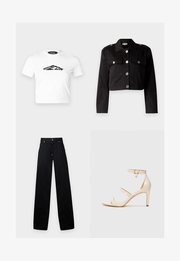 Črna skrajšana jakna iz trdnega blaga, ki ima zlate gumbe, dva žepa na prsih in epaulete na ramenih za dodaten detajl.; Bela skrajšana majica iz bombaža, ki na sprednji strani nosi črno grafično logo. Okrogli izrez in kratki rokavi. Gladka tekstura.; Črne hlače širokega kroja iz bombaža, s sponko za zadrgo, dvema sprednjima žepoma in klasično zasnovo petih žepov z kovinskimi detajli.; Bež čevlji na visoki peti s tankim trakcem okrog gležnja in dvema zgornjima trakoma. Sijajna lakirana površina in zlat detajl na trakcu okrog gležnja.