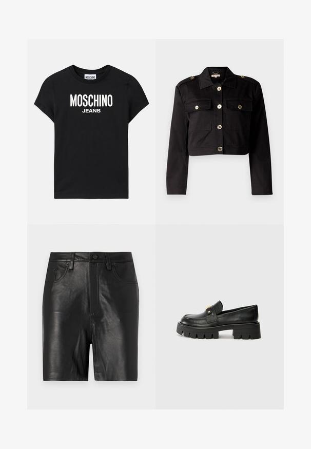 Čierna skrátená bunda z pevného materiálu s zlatými gombíkmi, dvoma náprsními vreckami a ramenami na zvýraznenie detailu.; Čierne bavlnené tričko s krátkymi rukávmi, ktoré má biely text "MOSCHINO" a "JEANS" v tučnom písme. Klasický crew výstrih a hladká textúra.; Čierne kožené šortky s hladkým povrchom, so zipsom vpredu, zapínaním na gombík a klasickým dizajnom s piatimi vreckami.; Čierne kožené mokasíny s masívnou podrážkou, s akcentom v zlatej farbe na prednej strane a hladkým povrchom. Na podrážke je výrazný dezén.