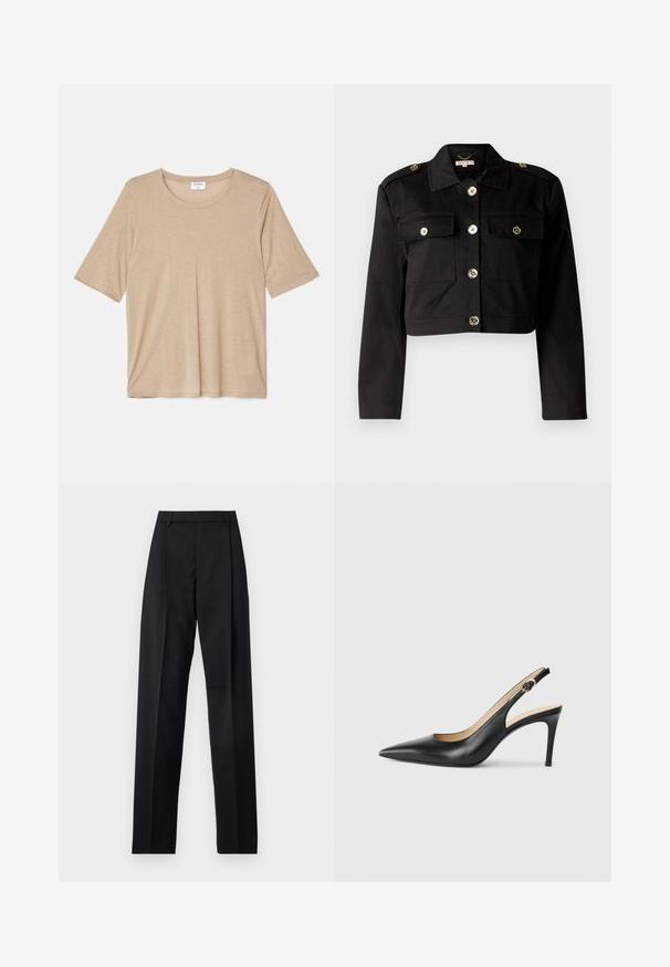 Svart kort jacka i kraftig väv med guldfärgade knappar, två bröstfickor och axelklaffar för extra detaljer.; Filippa K ELENA TEE - T-shirt med print - sandstone; Svarta byxor i mjukt tyg med hög midja, vida ben, framfickor och klassiska bältesöglor. Inga sidofickor synliga.; Svarta läder slingback-högklackade skor med spetsig tå, justerbar rem och en smal stilettklack, med en slät finish.