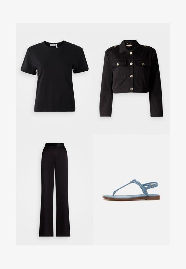 Must tükeldatud jack, mis on valmistatud tugevast kangast ja millel on kuldtooni nupud, kaks rinna taskut ja õlavarre epauletid, et lisada detaili.; Must täispikkusega puuvilla segu T-särk, ümar kaelus, lühikesed varrukad ja mugav lõige. Silt kaela sees ütleb "WEEKDAY".; Mustad flared püksid, mis on valmistatud siledast kangast, kõrge vöökohaga ja täispikkuses. Ilma nähtavate mustrite või aksessuaarideta.; Sinine nahast sõrmsandaal, millel on lame tall ja õhuke rihmastruktuur, ning ankle-luku tõmblukk, mis tagab kindla sobivuse.