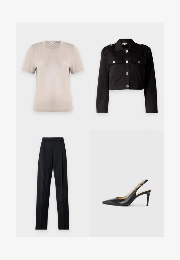Sort cropped jakke i robust stof med guldfarvede knapper, to brystlommer og skulderepauletter for ekstra detaljer.; Beige kortærmet t-shirt lavet af blødt stof. Har en rund hals og et enkelt design med glat tekstur og uden synlige mønstre.; Sorte bukser lavet af glat stof, der har høj talje, brede ben, frontfolder og klassiske bælteløkker. Ingen synlige sidelommer.; Sorte læder slingback højhælede sko med spids tå, justerbar rem og en slank stiletto hæl, der har en glat finish.