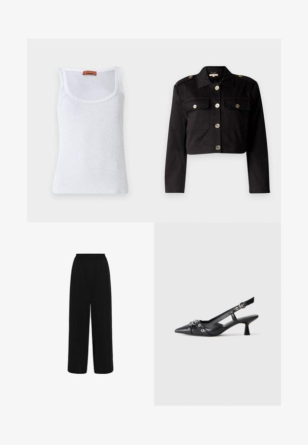 Melnā kroptā jaka izturīgā audumā ar zelta tonī šūnītēm, divām krūšu kabatām un plecu epauletēm papildu detaļām.; Balts ribots topiņš ar apaļu kakla izgriezumu, kuram ir plāna tekstūra un ādas etiķete blakus plecam.; Melnas platas bikses ar elastīgu jostasvietu, izgatavotas no mīksta auduma, ar gludu tekstūru un vienkāršu, neizsvītrotu dizainu.; Melnas ādas šlipsveida kurpes ar norādītu purngalu, dekoratīvām joslām ar metāla acīm un zemu bloku papēdi. Teksturēta virsma.