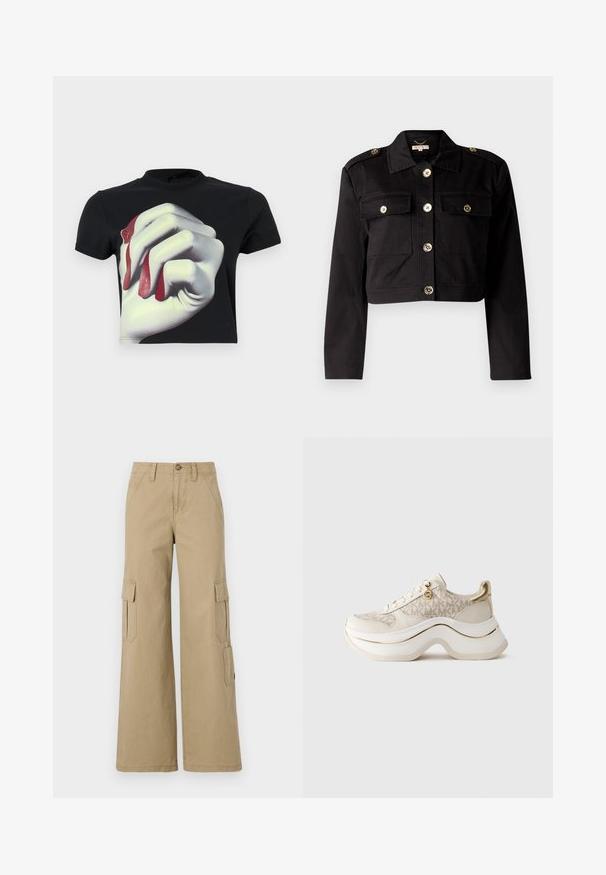 Svart croppet jakke i solidt stoff med gullfargede knapper, to brystlommer og skulderklaffer for ekstra detalj.; GmbH CROPPED WITH NAILS PRINT - T-shirts med print - black; Beige cargo bukser med vide ben, som har to sidelommer med klap, en knaplukning og et glat bomuldsstof.; Beige og gull plattform sneakers med "MK" mønster, snøring foran, gull-charms, og tykk bølgete såle mot lyst bakgrunn.