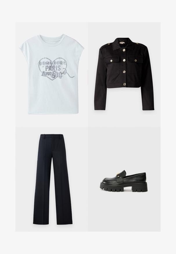 Čierna skrátená bunda z pevného materiálu s zlatými gombíkmi, dvoma náprsními vreckami a ramenami na zvýraznenie detailu.; Svetlomodré bavlnené tričko s krátkymi rukávmi, s grafikou srdca zdobenou metalickým písmom: "NIEKTO V PARÍŽI MA MILUJE."; Široké nohavice v čiernej farbe. Strih prispôsobený postave s hladkou textúrou. Obsahujú radu kovových cvokov popri švíkoch pre detail.; Čierne kožené mokasíny s masívnou podrážkou, s akcentom v zlatej farbe na prednej strane a hladkým povrchom. Na podrážke je výrazný dezén.