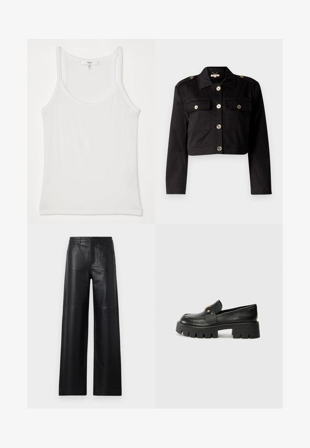 Mustassa cropped-takissa on kestävä kangas ja siinä on kultaiset napit, kaksi rintataskua ja olkatoppaukset lisäyksinä.; Valkoinen ilman hihoja oleva toppi, joka on valmistettu pehmeästä, urituksesta; siinä on ohuet olkaimet ja pyöreä kaula-aukko, jossa on ; Lepas hitam lebar dari kulit dengan tekstur halus, dilengkapi saku depan, penutupan kancing, dan detail jahitan yang halus.; Mustat nahkakengät, joissa on paksu pohja, kultaisella korostuksella edessä ja sileällä pinnalla. Paksu kuvio pohjassa.