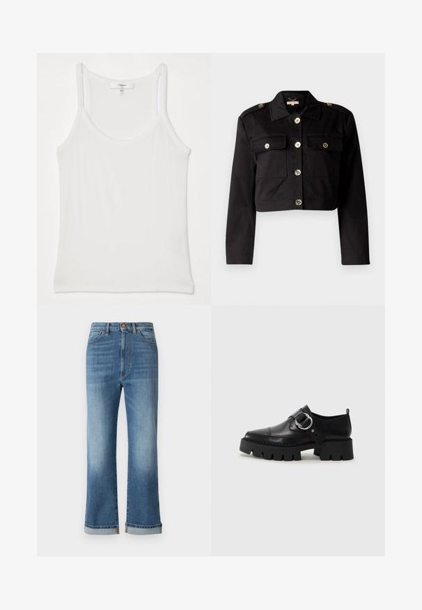 Svart croppet jakke i solidt stoff med gullfargede knapper, to brystlommer og skulderklaffer for ekstra detalj.; Hvit erglenert tanktopp laget av myk, ribbet stoff; har tynne stropper og rund halslinning, merket leser "FRAME."; Blå denimjeans med høy midje, vid buksesnitt og oppbrettede ermer. Synlige sømmer og frontlukking med knapp samt klassisk fem-lommers design.; Sorte læringssko med en kraftig ribbet såle, som har en sirkulær sølvfarget detalj og minimal sømdekorasjon.