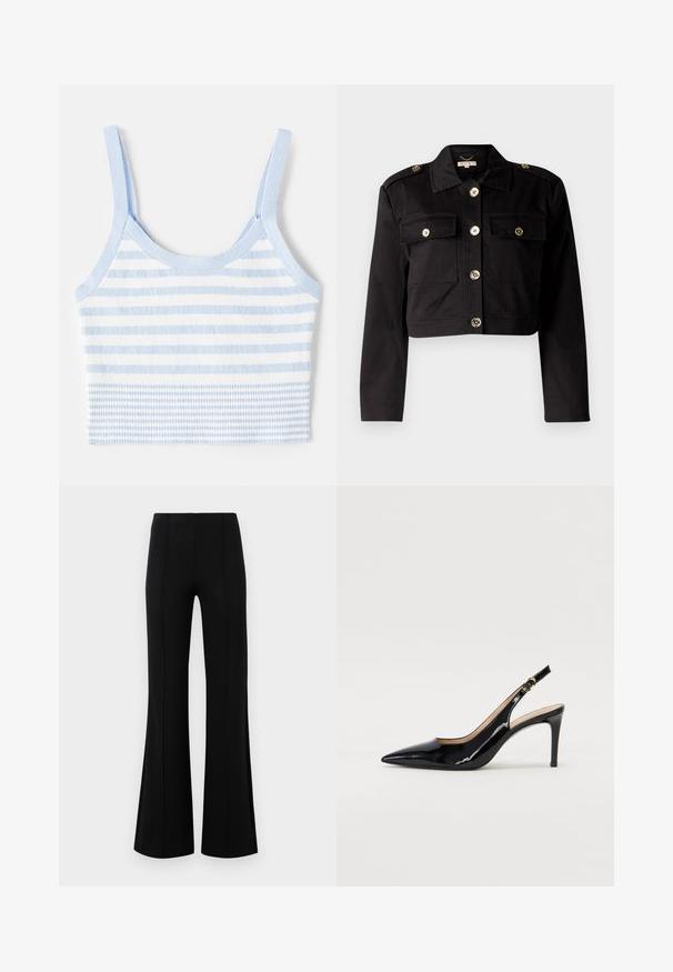 Melnā kroptā jaka izturīgā audumā ar zelta tonī šūnītēm, divām krūšu kabatām un plecu epauletēm papildu detaļām.; sandro BRASSIERE - Tops - bleu ciel; Melnas platas bikses ar augsto jostasvietu, izgatavotas no elastīga auduma. Satur vertikālas šuvju detaļas priekšpusē un gludu tekstūru.; Melnas lakotās ādas slingback kurpes ar izteiktu degunu, šauru papēdi un smalku izgriezumu dizainu. Siksniņai ir zelta sprādze.