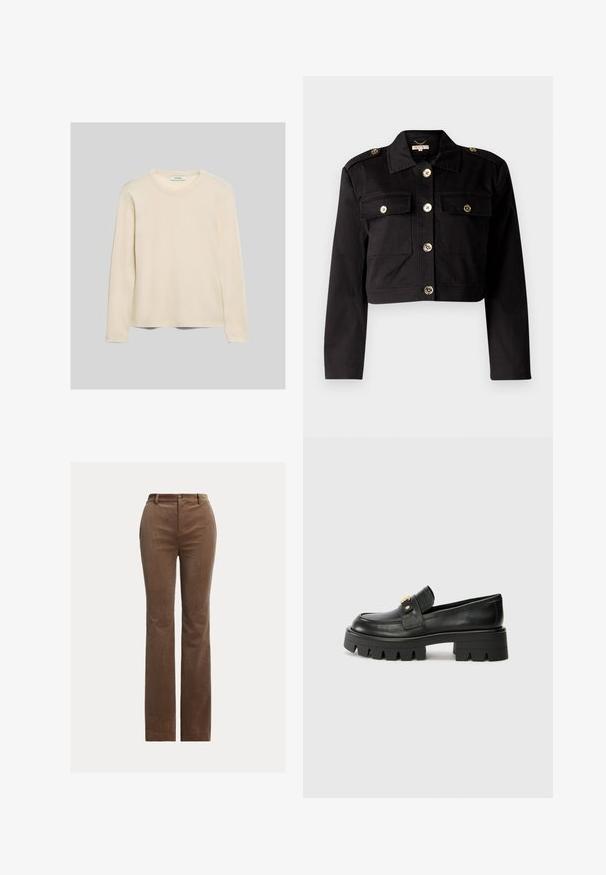 Crna skraćena jakna izrađena od čvrstog materijala sa zlatnim gumbima, dva džepa na prsima i epauletama na ramenima za dodatnu dodatnu detalj.; Dugi rukav krem-polo majica izrađena od mekog materijala, s okruglim izrezom i ravnim rubom. Minimalni dizajnerski detalji.; Smeđe kordura hlače ravnog kroja, s petljama za remen, prednjim džepovima i suptilnim vertikalnim rebrima za teksturu.; Crne kožne loafersice s debelim potplatom, s zlatnim akcentom sprijeda i glatkim završetkom. Debeli uzorak na potplatu.