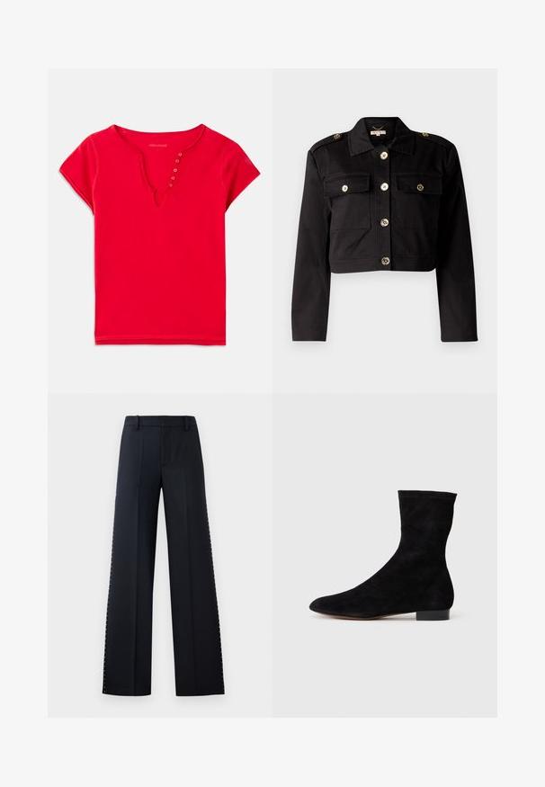 Melnā kroptā jaka izturīgā audumā ar zelta tonī šūnītēm, divām krūšu kabatām un plecu epauletēm papildu detaļām.; Sarkanais īsās piedurknes tops izgatavots no mīkstas kokvilnas, ar V-veida kakla izgriezumu un pogu akcentiem, kā arī brīvu piegriezumu. Gluda tekstūra, minimāls šuvju skaits.; Melni plaša kāju bikses. Pielāgota piegriezuma ar gludu tekstūru. Malu šuvēs ir rinda metālisku punktu kā dekorācija.; Melnas zamšādas potīšu zābaki ar piegulošu kāju daļu, smailu purngalu un zemu bloku papēdi. Gluda tekstūra un minimālistisks dizains, piemērots dažādai stilizācijai.