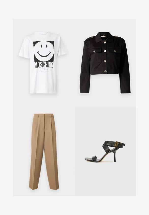 Sort cropped jakke i robust stof med guldfarvede knapper, to brystlommer og skulderepauletter for ekstra detaljer.; Hvid bomulds T-shirt med et sort firkantet grafik med et smilende ansigt og teksten "MOSCHINO" nederst. Korte ærmer, rund hals.; Beige skræddersyede bukser med høj talje, plisseret front og bred benudskæring. Stoffet ser glat ud med en let glans.; Sort hæl-sandal med krydsede stropper og justerbar spænde. Har en glat overflade og spids stilettohæl.
