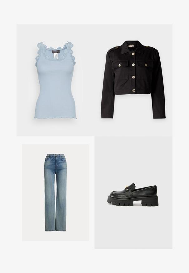 Casaco curto preto em tecido resistente, com botões em tom dourado, dois bolsos no peito e epauletes nos ombros para um detalhe adicional.; Rosemunde BABETTE U NECK - Top - powder blue; Jeans azuis de cintura alta e perna reta com bolsos frontais, passantes para cinto e fecho de botão, apresentando um leve efeito desbotado.; Mocassins de couro preto com uma sola robusta, apresentando um detalhe em tom dourado na parte da frente e um acabamento suave. Design de solado com cravos robustos.