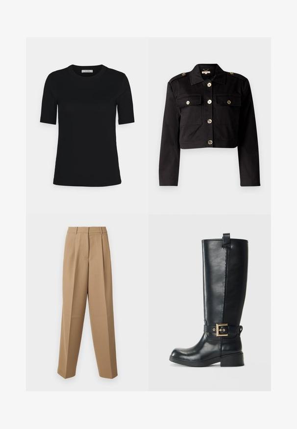 Black cropped jacket in sturdy fabric featuring gold-tone buttons, two chest pockets, and shoulder epaulets for added detail.; IVY OAK KRISTIN - Basic T-shirt - black; Beige tailored trousers with a high waist, pleated front, and wide-leg cut. The fabric appears smooth with a slight sheen.; Black knee-high leather boot with a low block heel, decorative gold buckle strap around the ankle, and a pull tab at the top.