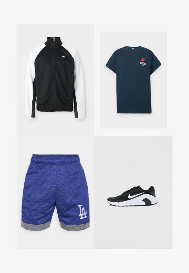 Casaco Nike Air com fecho, em preto e branco, com gola alta, frente preta e mangas brancas, exibido contra um fundo simples.; T-shirt de algodão azul-marinho com mangas curtas. Apresenta um logótipo vermelho da Nike e texto branco "APENAS PESSOAL AUTORIZADO" no lado esquerdo do peito.; Bermudas desportivas em malha azul com um acabamento cinzento. Apresentam um cós elástico e um logo branco "LA" na perna esquerda. Tecido leve e respirável.; Sapatilha de corrida Nike em preto e branco com o logo swoosh branco, design com atacadores e sola almofadada, mostrada de lado num fundo simples.